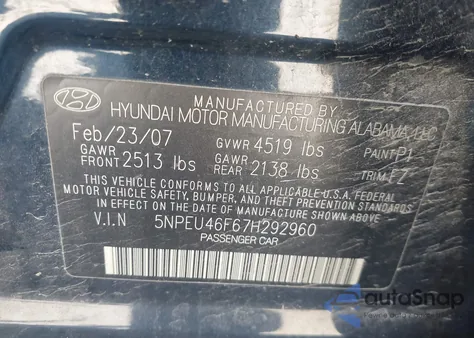 2007 Hyundai Sonata Limited/Se V6 из США, поврежденный, VIN 5NPEU46F67H292960